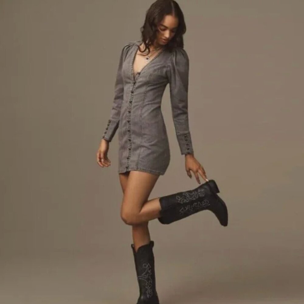 Anthropologie Pilcro Puff Sleeve Denim Mini Dress XS NWT - Picture 1 of 4